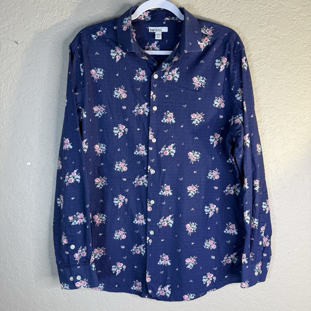 BAR III Blue Floral Slim Fit Long Sleeve Button Down Shirt Large 16-16.5 34-35